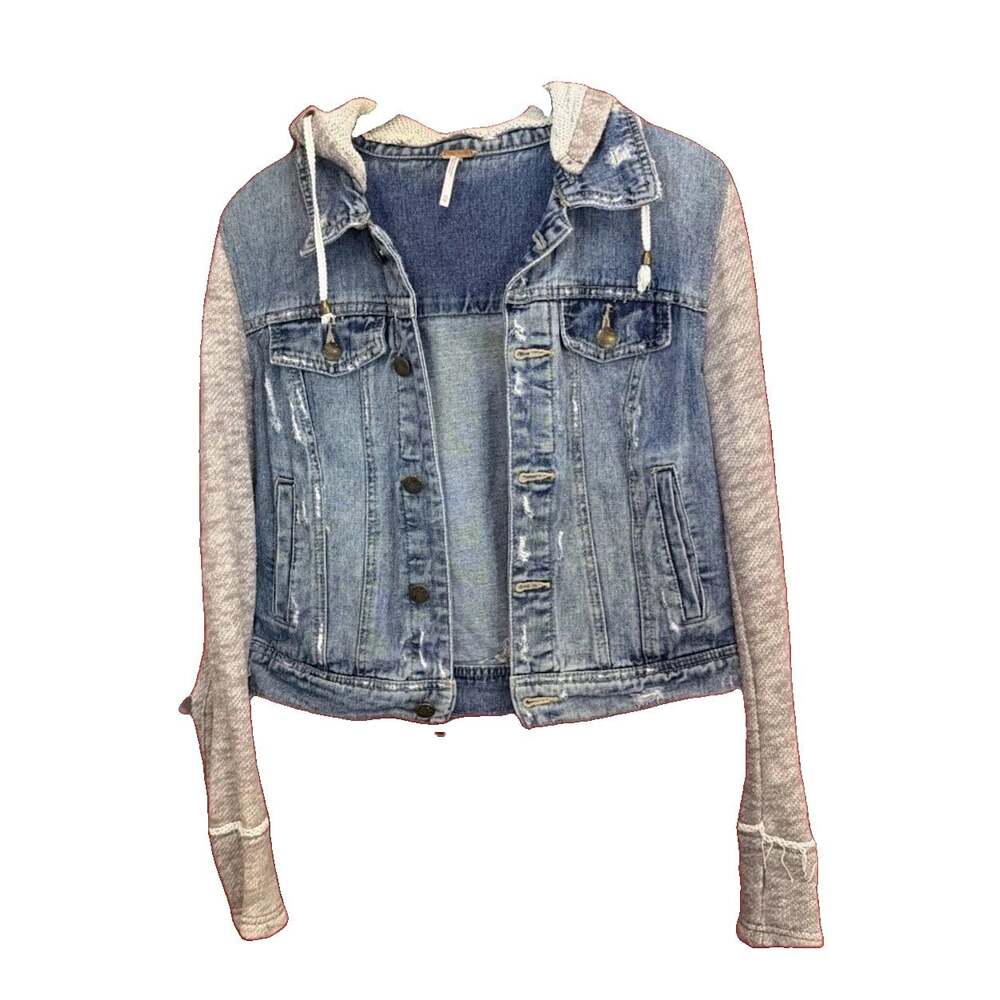 Free People Distressed Denim Hooded Hybrid Jacket.Boho Grunge Antro XS